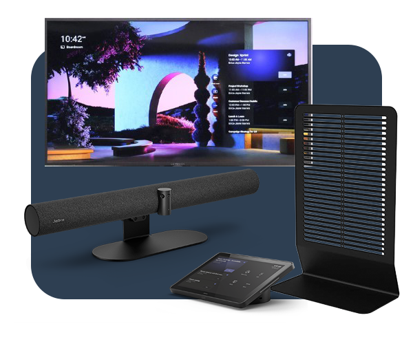 A tech bundle featuring a flat-screen TV displaying a colorful interface, a black soundbar with a stand, a touchscreen control panel, and a black vented stand.