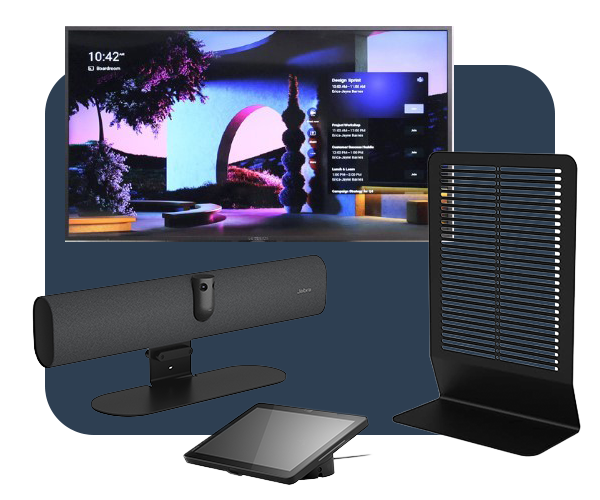A tech bundle featuring a flat-screen TV displaying a colorful interface, a black soundbar with a stand, a touchscreen control panel, and a black vented stand.