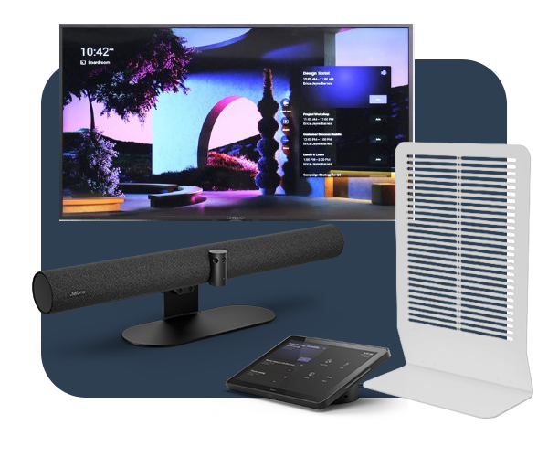 A tech bundle featuring a flat-screen TV displaying a colorful interface, a black soundbar with a stand, a touchscreen control panel, and a white vented stand.