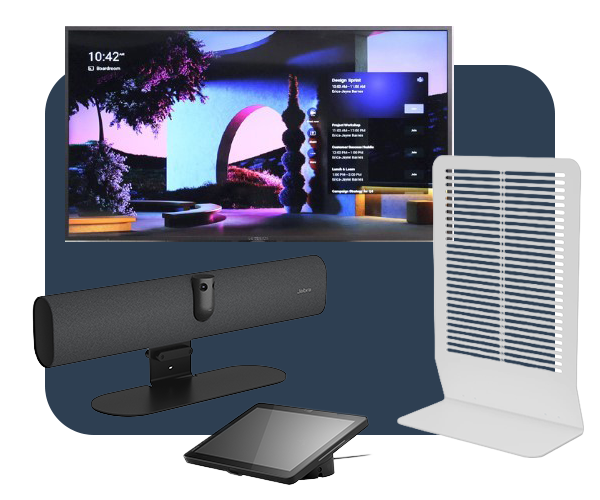 A tech bundle featuring a flat-screen TV displaying a colorful interface, a black soundbar with a stand, a touchscreen control panel, and a black vented stand.