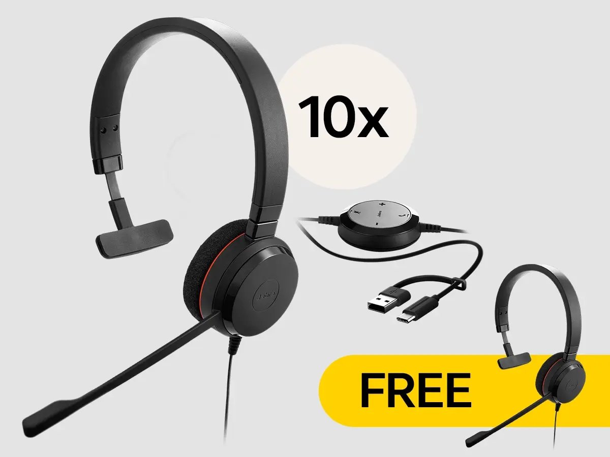 Jabra wired single-ear headset with microphone shown with USB controller and a ‘10x’ and ‘Free’ offer badge.