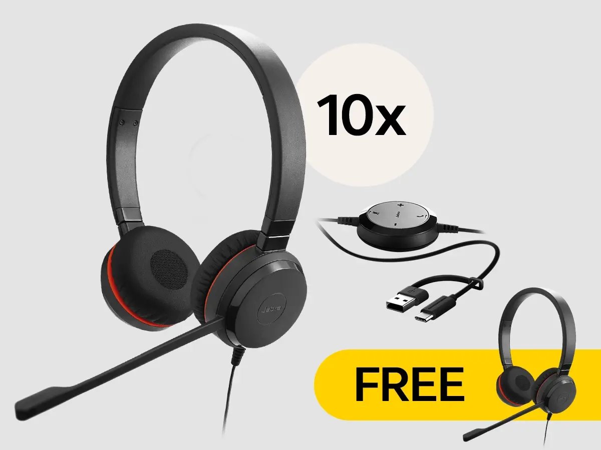 Jabra wired dual-ear headset with microphone shown with USB controller and a ‘10x’ and ‘Free’ offer badge.