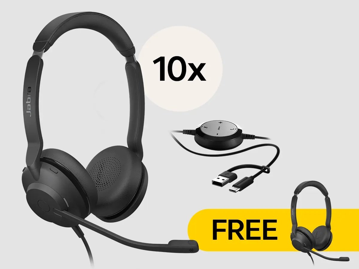Jabra wired dual-ear headset with microphone shown with USB controller and a ‘10x’ and ‘Free’ offer badge.