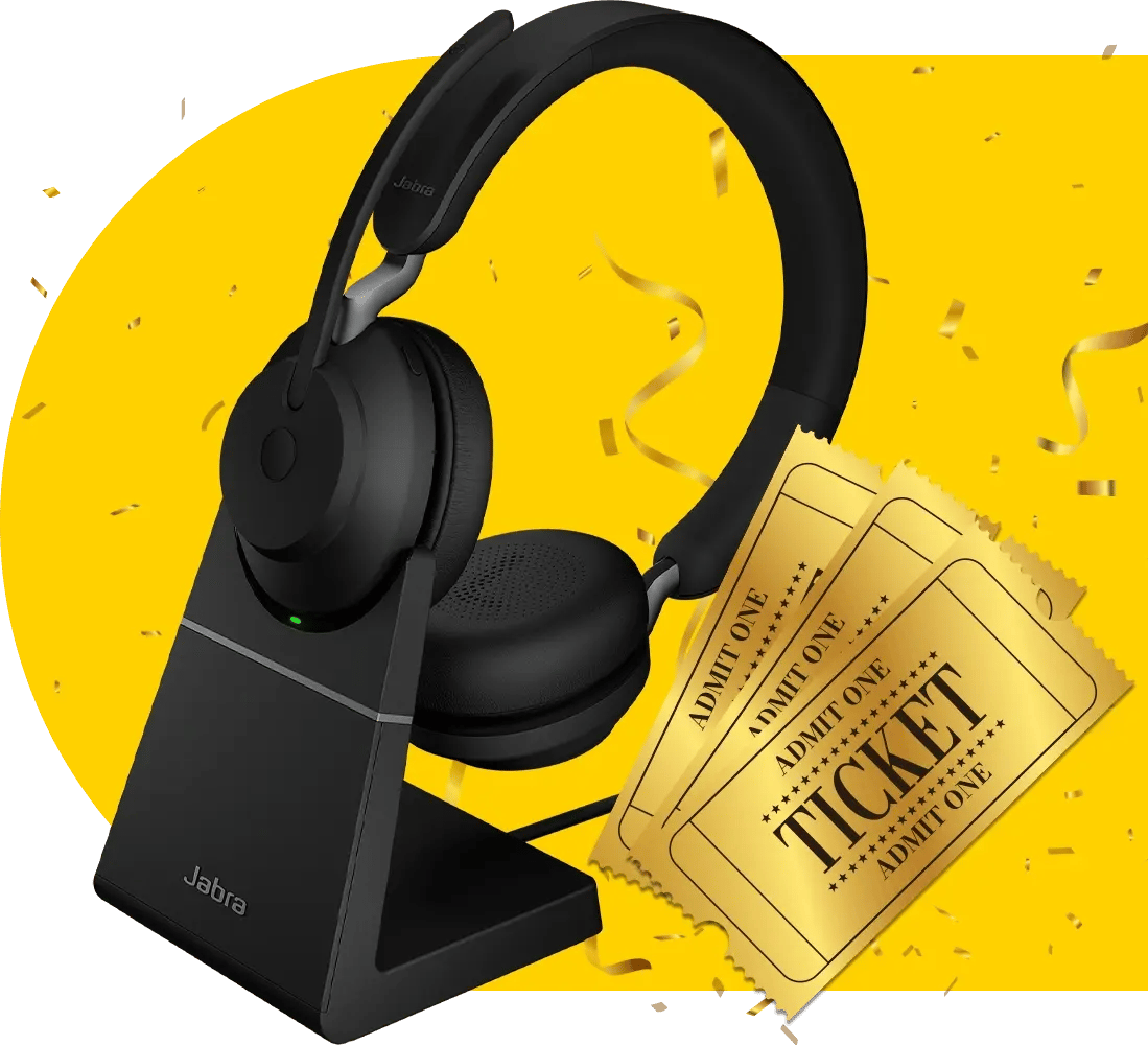 Jabra wireless headset on charging stand with gold event tickets.
