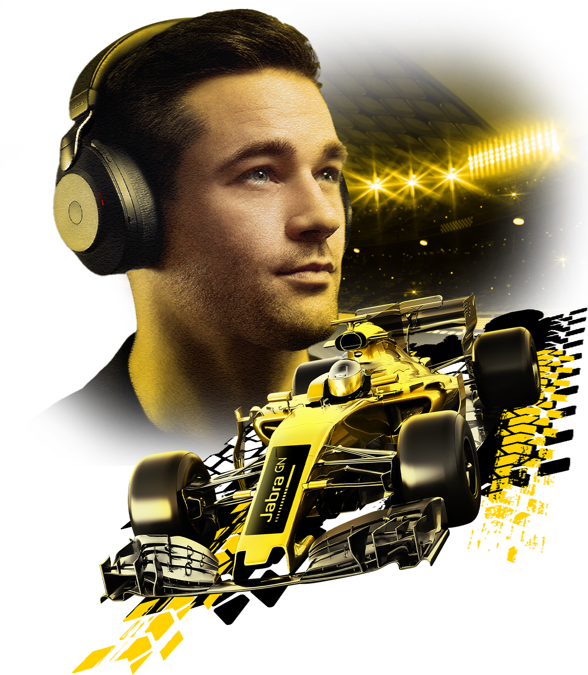 Yellow Formula 1 race car with Jabra branding and headphones.