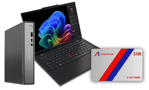 Lenovo ThinkPad laptop and compact desktop beside an AmpolCash card offering a $150 reward.
