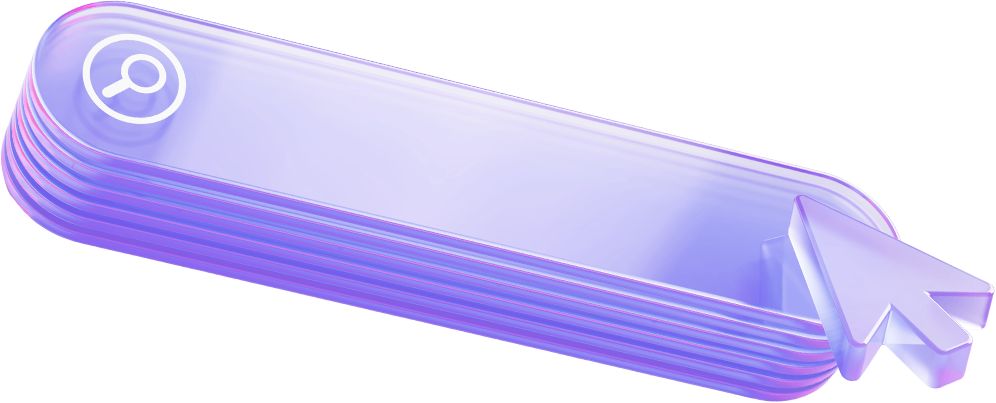 3D purple translucent bar with a magnifying glass icon and cursor arrow, representing search or discovery.