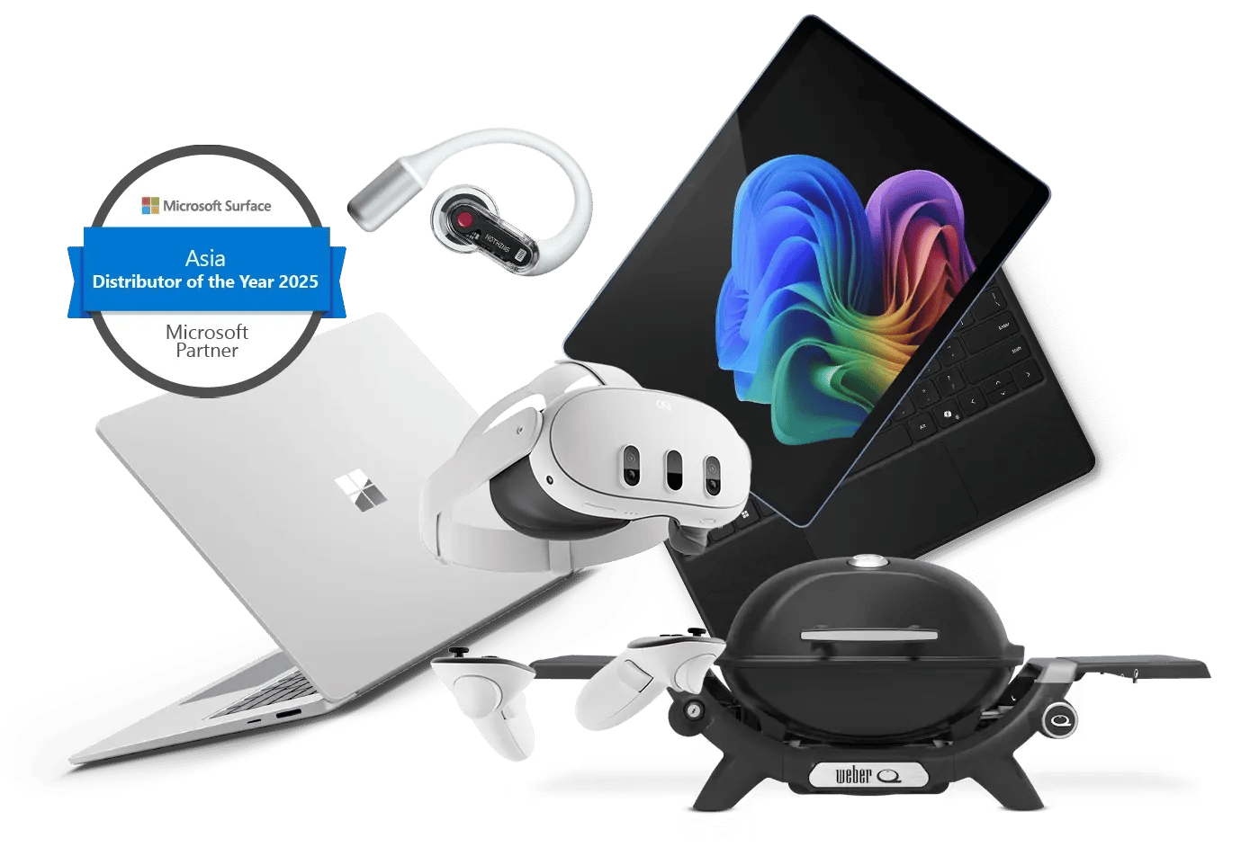 Collection of connected devices including a laptop, tablet, VR headset, wireless earpiece, and a smart grill on a white background.