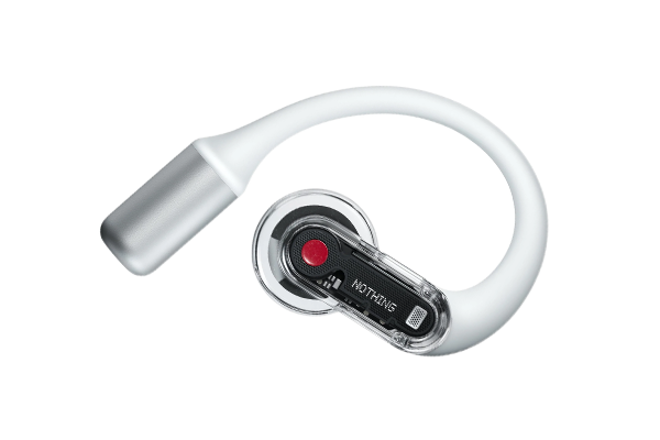 Wireless open‑ear earbud with a curved white band.