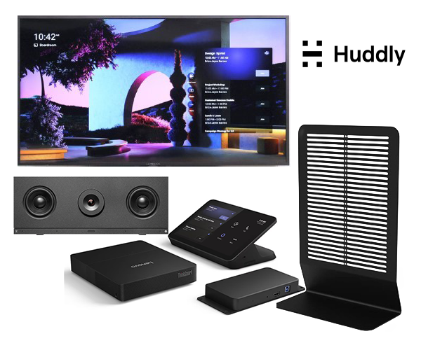 Smart TV, speaker unit, touchscreen controller, and black stand shown with the Huddly logo.