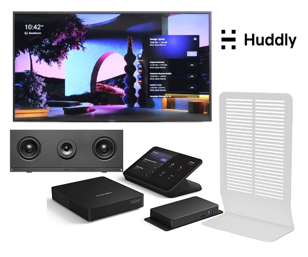 Smart TV, speaker unit, touchscreen controller, and white stand shown with the Huddly logo.