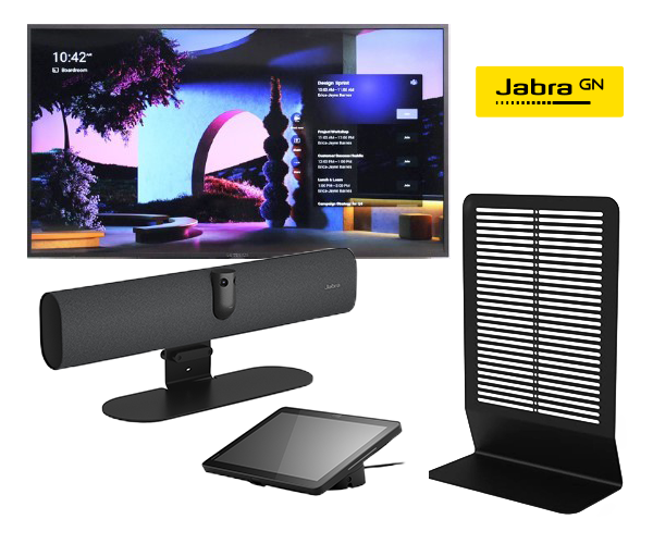 Smart TV, video bar, touchscreen controller, and black stand shown with the Jabra logo.