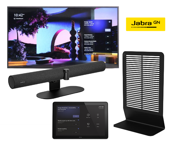 Smart TV, long video bar, touchscreen controller, and black stand shown with the Jabra logo.