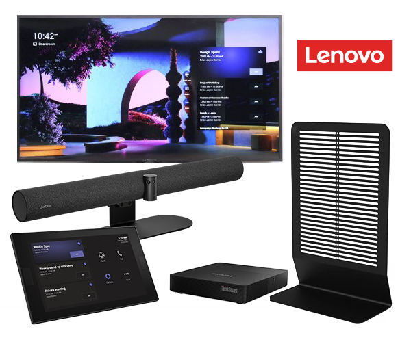 Smart TV, video bar, touchscreen controller, and black stand shown with the Lenovo logo.