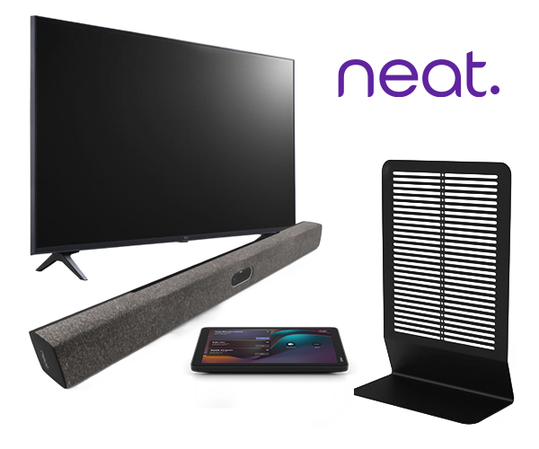 Smart TV, soundbar, touchscreen controller, and black stand shown with the Neat logo.