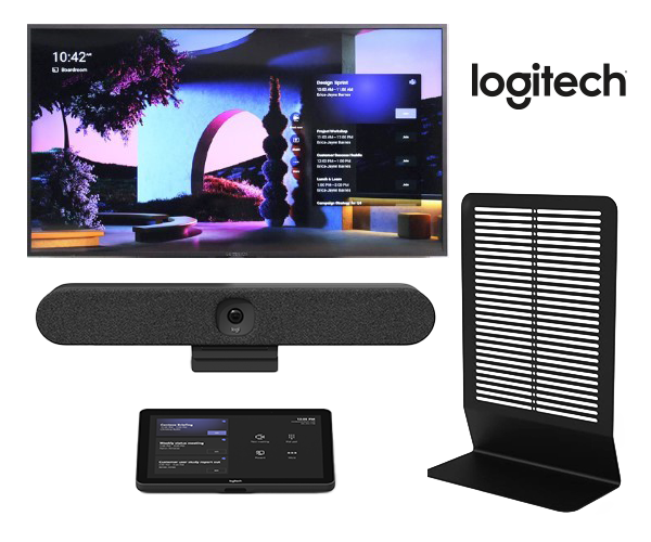 Smart TV, video bar, touchscreen controller, and black stand shown with the Logitech logo.