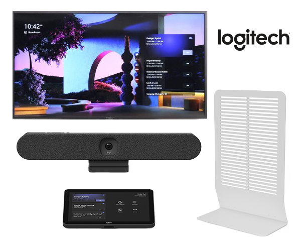 Smart TV, video bar, touchscreen controller, and white stand shown with the Logitech logo.