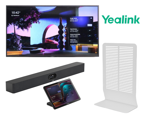 Smart TV, soundbar, touchscreen controller, and white stand shown with the Yealink logo.