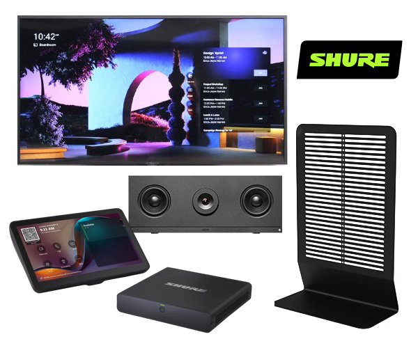 Smart TV, speaker unit, touchscreen controller, and black stand shown with the Shure logo.