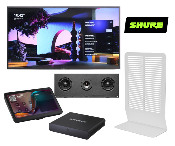 Smart TV, speaker unit, touchscreen controller, and white stand shown with the Shure logo.