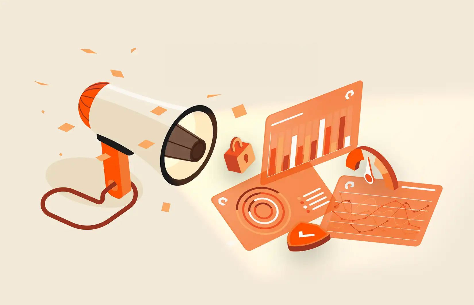 A megaphone emits data visualization elements like graphs and charts, symbolizing digital marketing. The tone is dynamic and innovative, with warm orange hues.