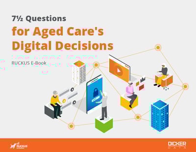 E‑book cover titled ‘7½ Questions for Aged Care’s Digital Decisions’ with connected digital and care icons.