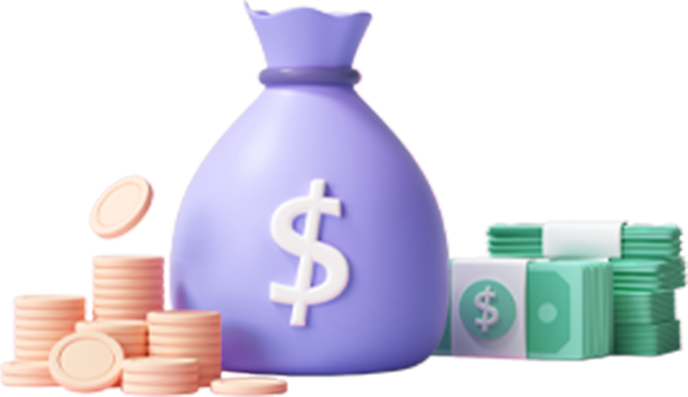 Money bag with dollar symbol alongside stacks of coins and notes