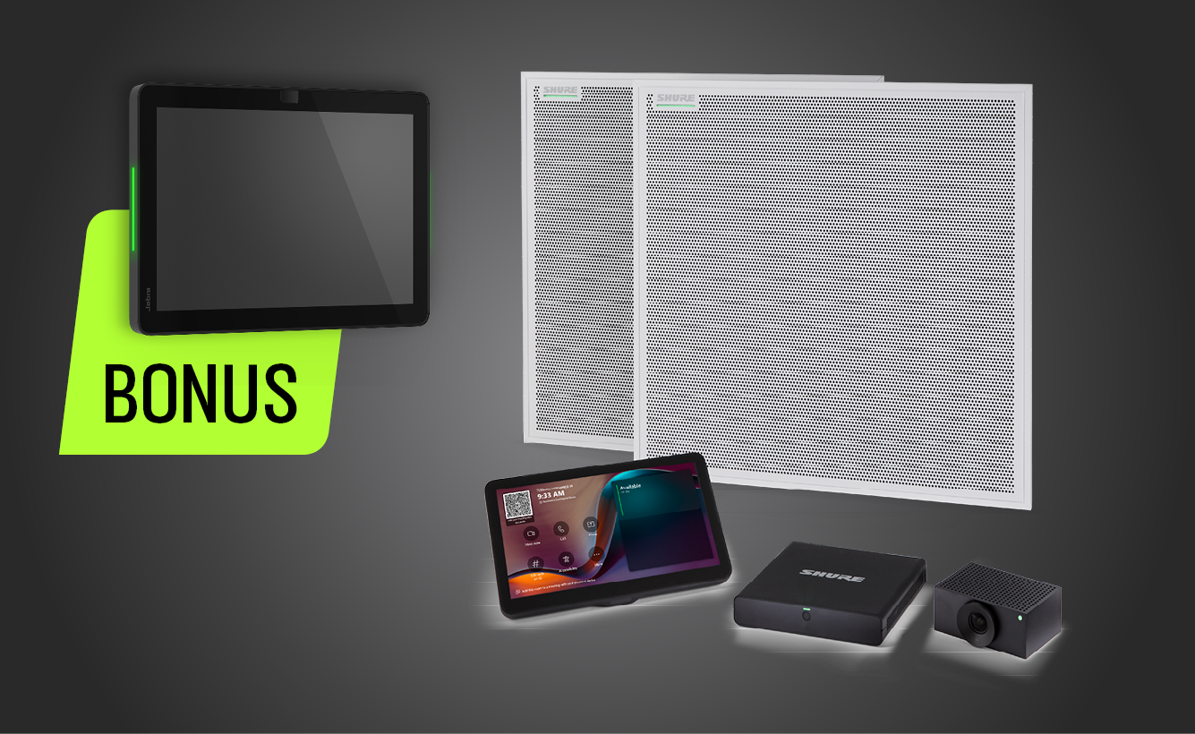 Assorted Shure audio equipment displayed on a dark background, including ceiling array microphones, a touch panel, a camera, and other components, with a bright green ‘Bonus’ label.