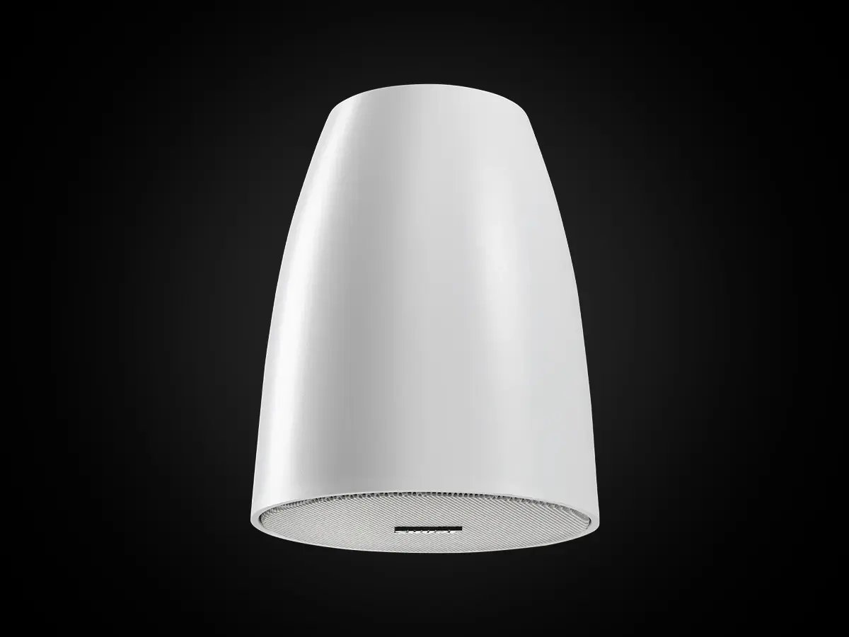 White pendant-style speaker with a smooth, tapered design against a dark background.