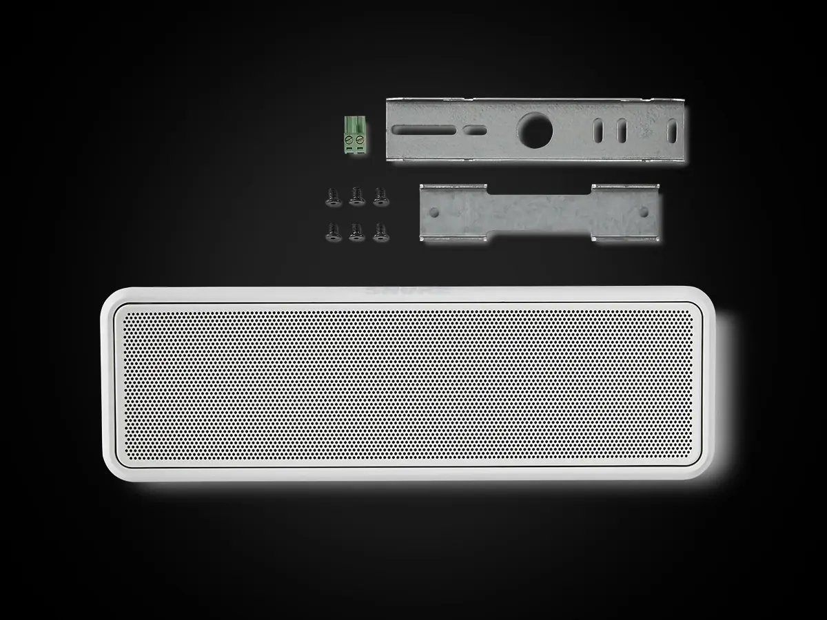 Rectangular white speaker grille shown with mounting hardware and screws.