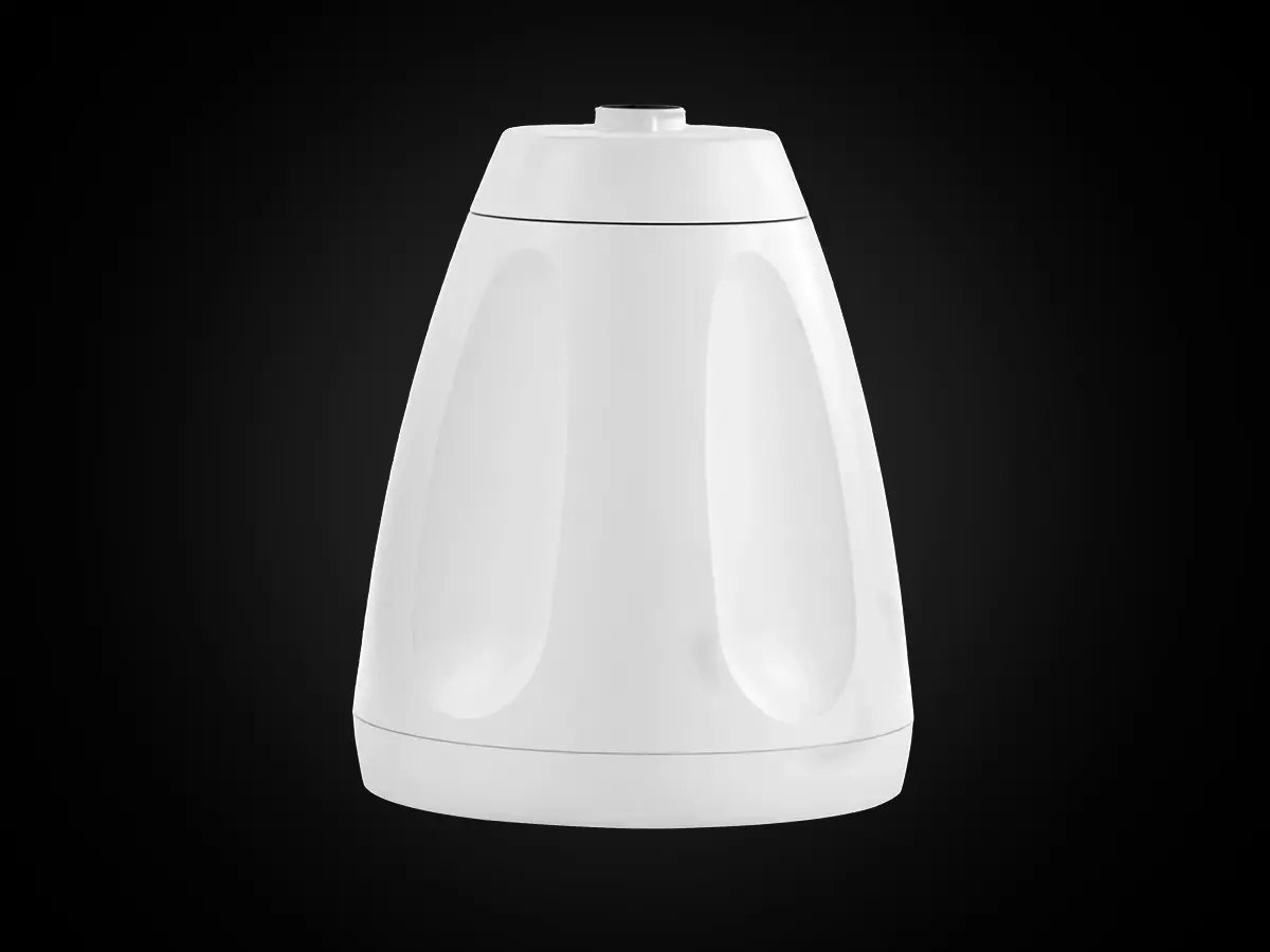White pendant-style speaker with a smooth, contoured body.