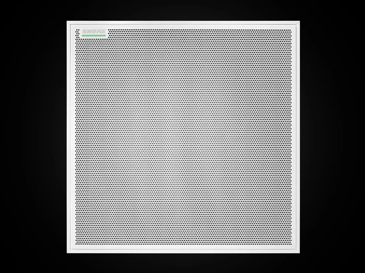 Front view of a square Shure ceiling microphone panel with a perforated grille.