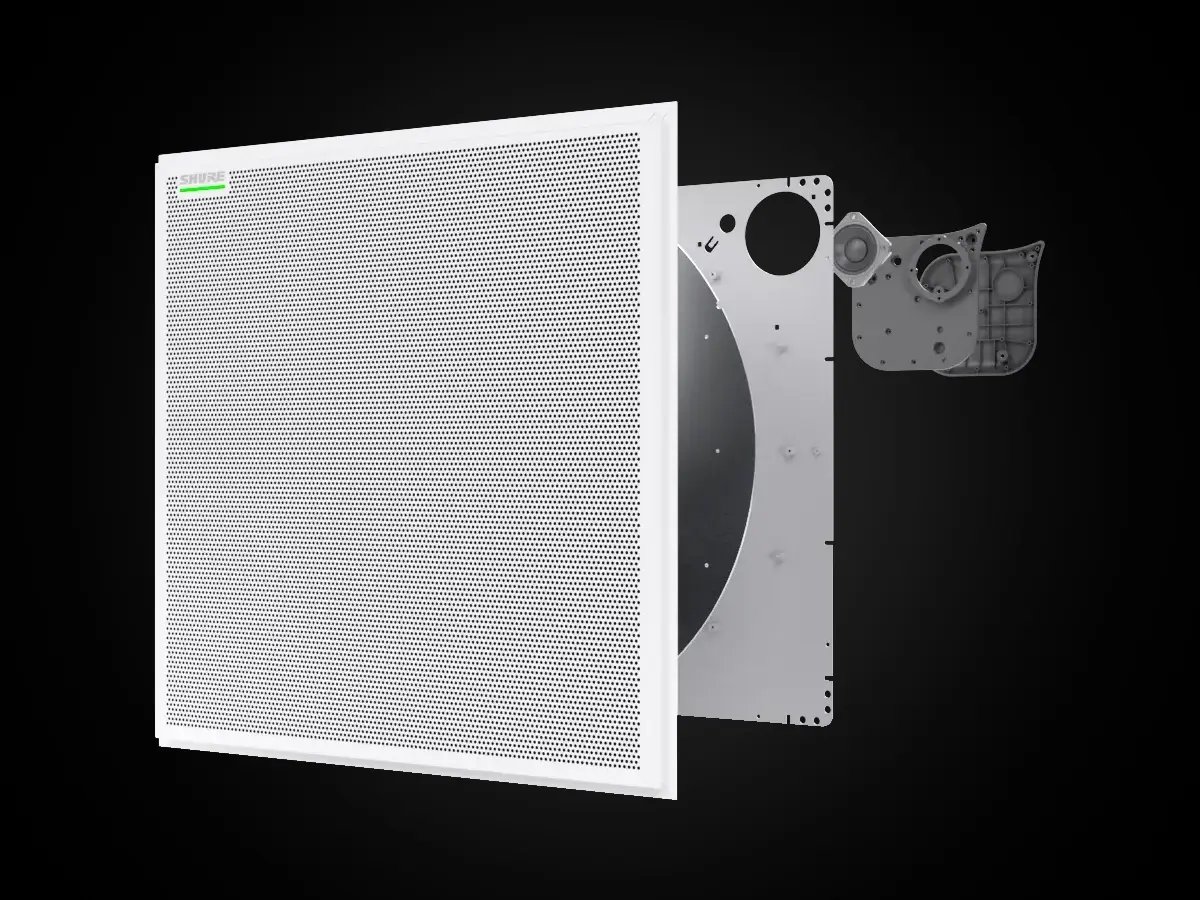 Exploded view of a Shure ceiling microphone panel showing internal mounting components.