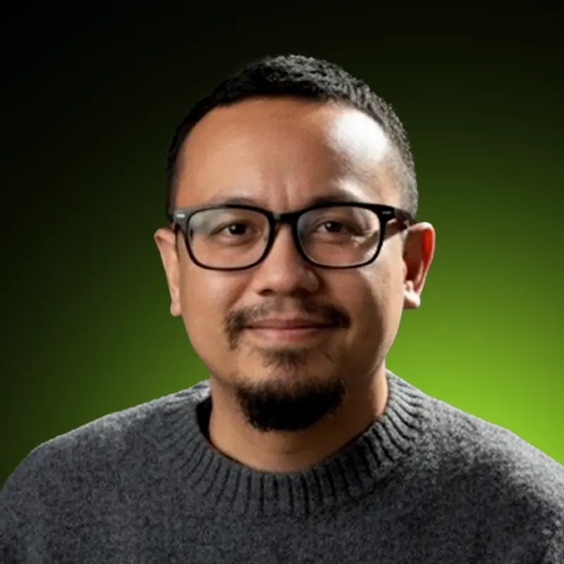 a photo of Vick Teoh on a green and black gradient background