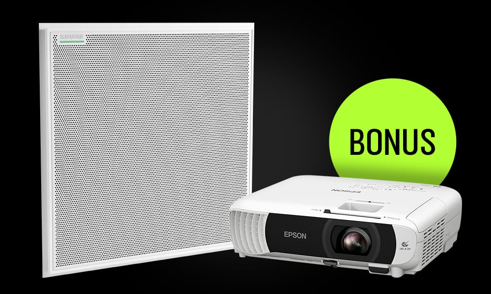 Shure ceiling speaker panel with an Epson projector in front.