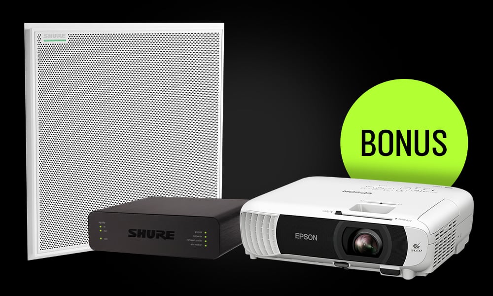 Shure ceiling speaker panel with an Epson projector in front.