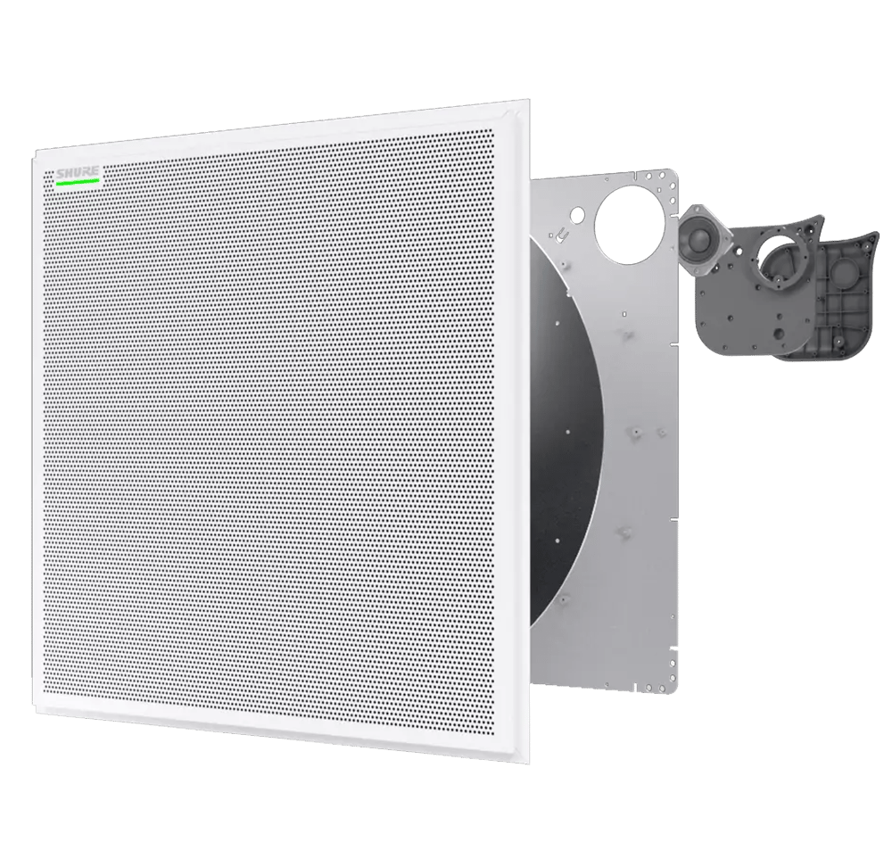 Shure square ceiling speaker with mounting components shown in an exploded view.