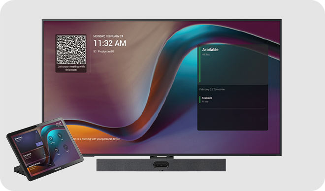 Conference room screen displaying a QR code, current time, and availability panel, with a tablet device nearby.