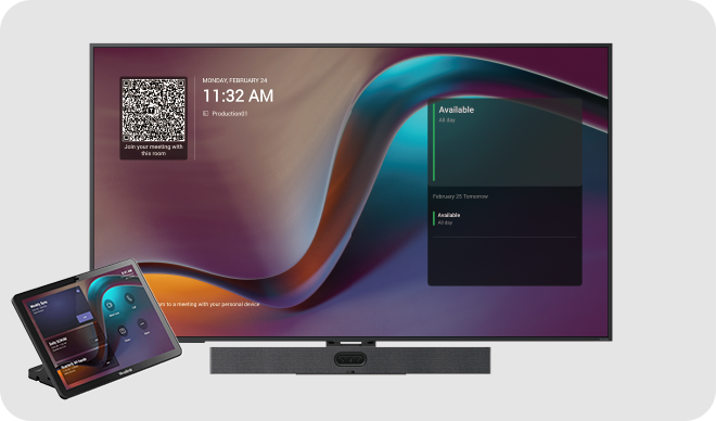 Large meeting room display showing a QR code, time, and room availability, with a tablet controller in front.