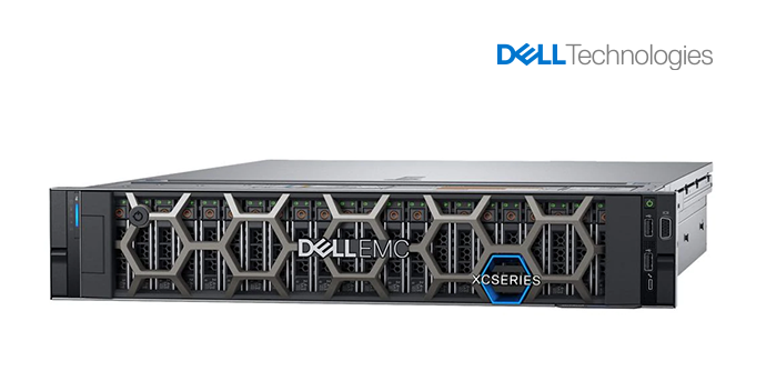 Front view of a Dell EMC rack‑mounted server with multiple drive bays.