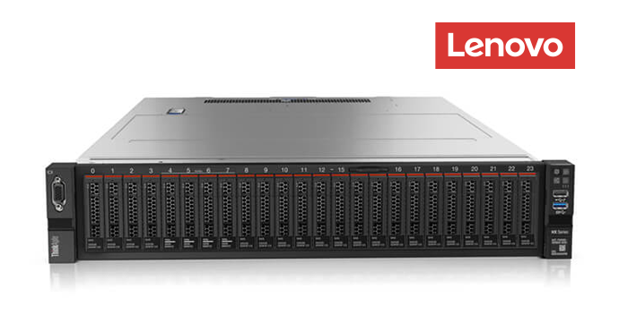 Front view of a Lenovo rack‑mounted server with multiple drive bays.