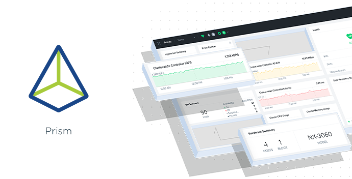 Prism logo next to a dashboard interface showing system performance metrics, charts, and status panels.