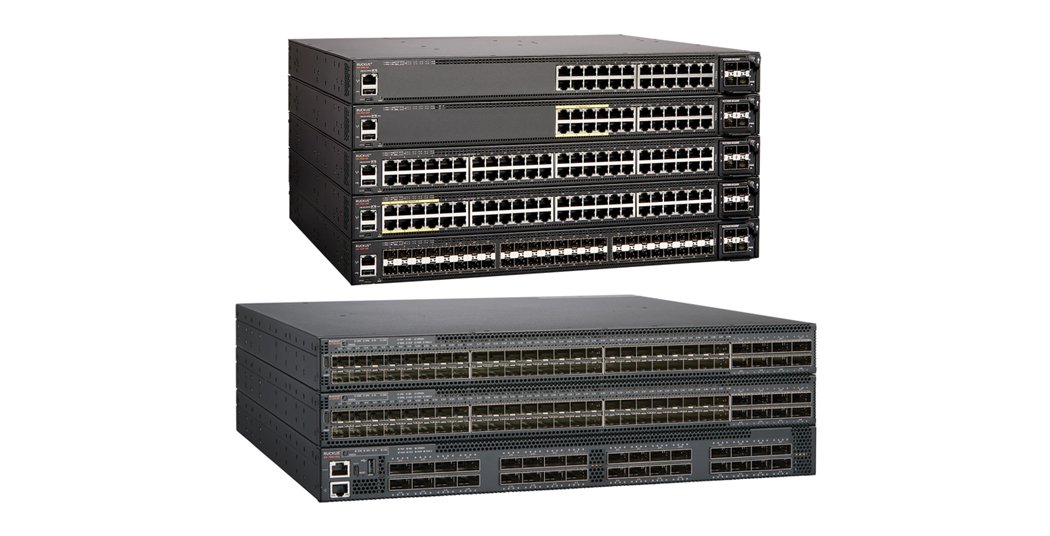 Stacked enterprise network switches with multiple Ethernet ports shown on a white background.