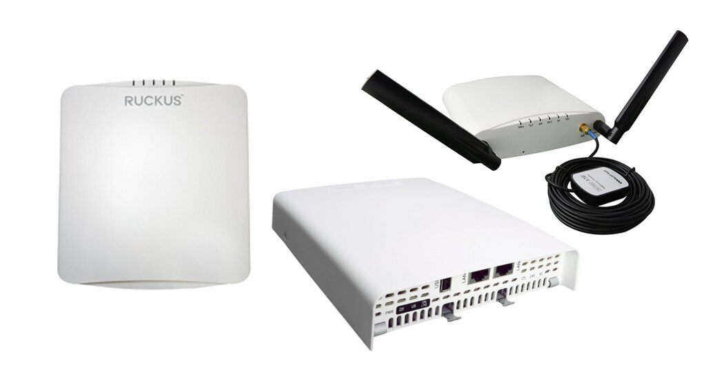 Three Ruckus wireless networking devices, including access points and a controller, shown on a white background.