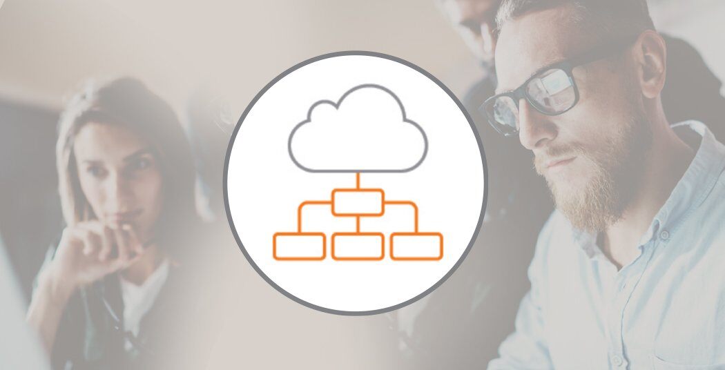 Cloud network diagram icon over a group of people collaborating in the background.