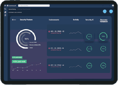 A tablet screen displaying a dashboard with various metrics and graphs related to security