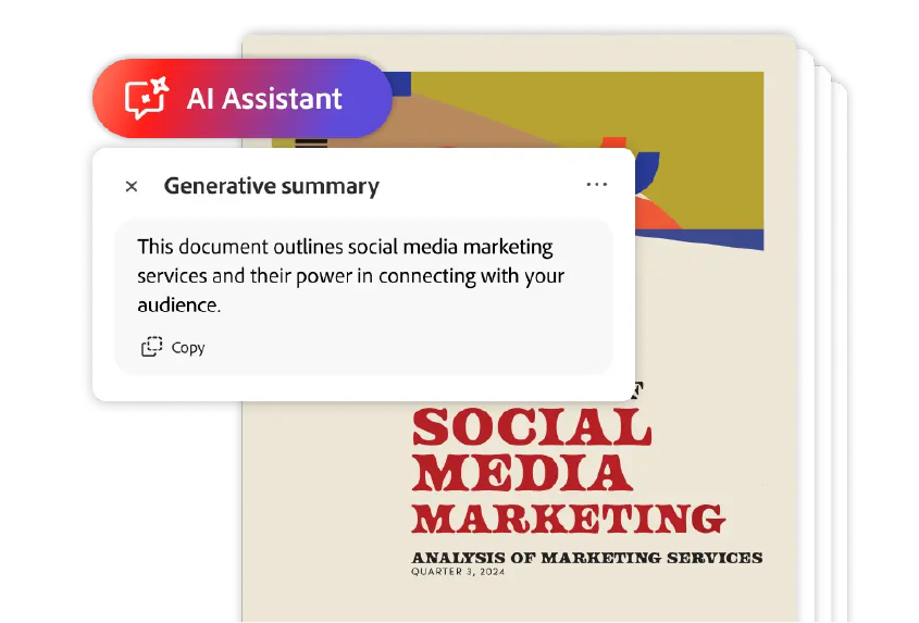 AI assistant panel showing a generative summary over a social media marketing report document.