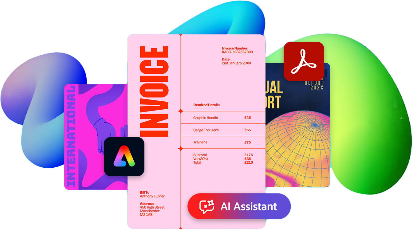 Overlapping digital documents including an invoice and report, with Adobe branding and an AI assistant interface displayed.