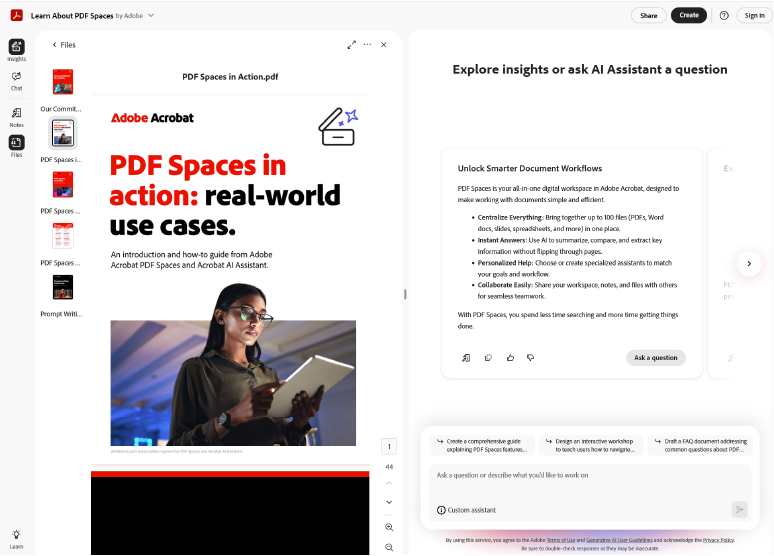 Adobe Acrobat interface showing a PDF Spaces document with real‑world use cases alongside an AI Assistant insights panel.