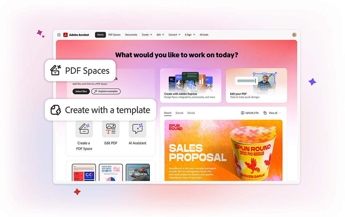 Adobe Acrobat home screen showing options like PDF Spaces, templates, editing tools, and an AI assistant summary panel.